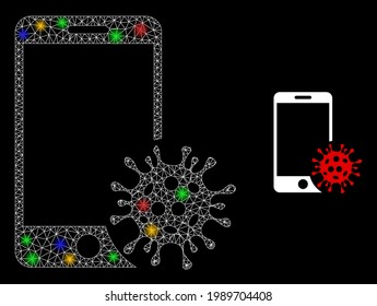 Glowing mesh network smartphone virus with vibrant light dots. Constellation vector mesh created from smartphone virus icon. Sparkle constellation mesh smartphone virus, on a black backgound.