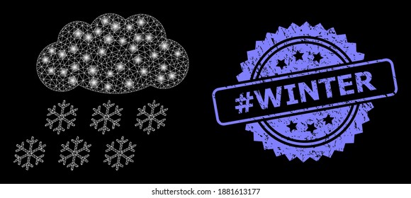 Glowing mesh network snow cloud with glowing spots, and Hashtag Winter grunge rosette seal print. Illuminated vector model created from snow cloud icon. Blue stamp seal has Hashtag Winter caption