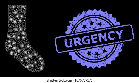 Red de malla brillante empapada con manchas brillantes y impresión de rosette con sello de urgencia. Constelación vectorial iluminada creada a partir del icono del calcetín. El sello azul tiene texto de urgencia dentro de la rosette.