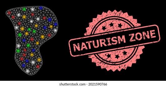 Punto de red de malla brillante con focos de luz y sello de rosette sucio de la zona de Naturismo. Malla vectorial iluminada creada a partir de un símbolo spot. El sello rosado incluye la leyenda de la zona de naturismo dentro de la rosette.