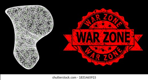 Glowing mesh network spot with glowing spots, and War Zone dirty ribbon seal. Red stamp seal includes War Zone title inside ribbon.