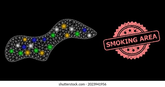 Glowing mesh network spot with glowing spots, and Smoking Area corroded rosette seal imitation. Illuminated vector constellation created from spot pictogram.