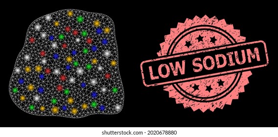Glowing mesh network stone with flash nodes, and Low Sodium grunge rosette seal imitation. Illuminated vector structure created from stone symbol.
