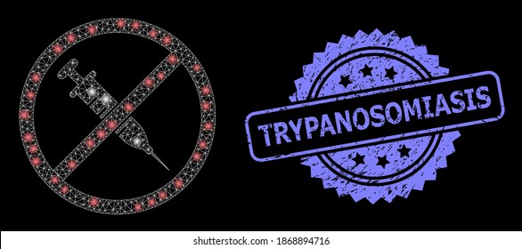 Glowing mesh network stop vaccine with lightspots, and Trypanosomiasis grunge rosette stamp. Illuminated vector model created from stop vaccine icon.
