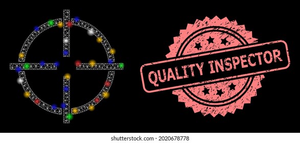 Glowing mesh network target with glowing spots, and Quality Inspector textured rosette seal print. Illuminated vector constellation created from target icon.