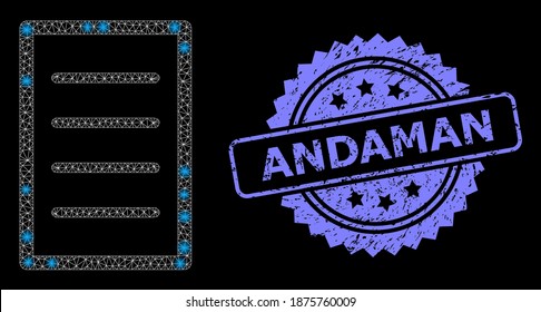 Glowing mesh network text page with glowing spots, and Andaman grunge rosette watermark. Illuminated vector constellation created from text page icon.