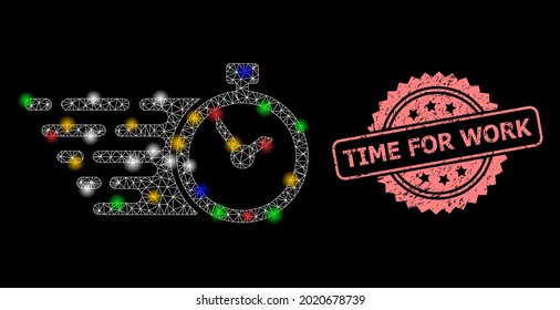 Glowing mesh network time with glowing spots, and Time for Work rubber rosette stamp seal. Illuminated vector constellation created from time symbol.