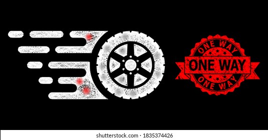 Glowing mesh network tire wheel with glowing spots, and One Way grunge ribbon stamp seal. Red stamp seal includes One Way title inside ribbon.