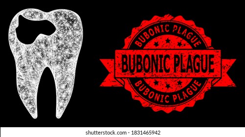 Glowing mesh network tooth caries with light spots, and Bubonic Plague rubber ribbon watermark. Red stamp seal contains Bubonic Plague title inside ribbon.
