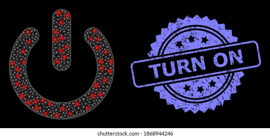 Glowing mesh network turn off with lightspots, and Turn On corroded rosette stamp. Illuminated vector constellation created from turn off icon. Blue stamp has Turn On text inside rosette.