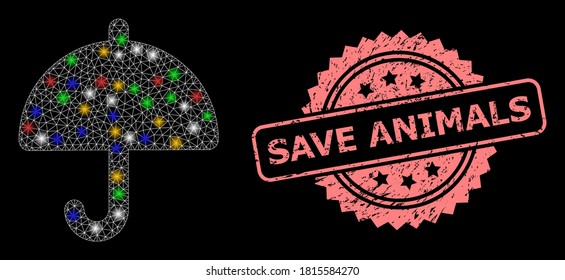 Glowing mesh network umbrella with light spots, and Save Animals grunge rosette seal imitation. Illuminated vector model created from umbrella pictogram.