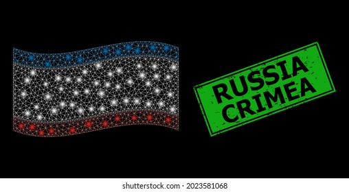 Glowing mesh network waving Crimea flag with light spots, and distress Russia Crimea rectangle seal. Green rectangle Russia Crimea scratched seal stamp.