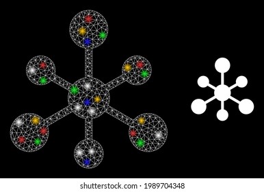 Conexiones web de redes de malla brillante con puntos brillantes de color. Malla vectorial de constelación creada a partir del símbolo de conexiones web. Sparkle frame mesh conexiones web, en un fondo negro.