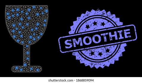 Glowing mesh network wine cup with glowing spots, and Smoothie unclean rosette seal imitation. Illuminated vector constellation created from wine cup icon.