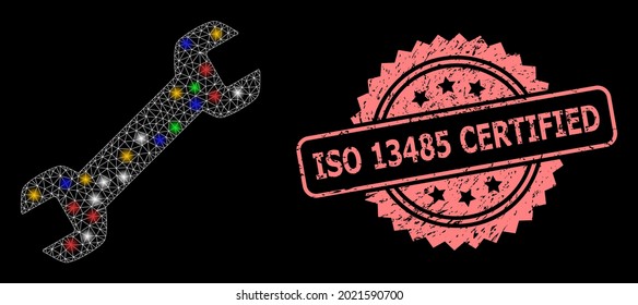 Glowing mesh network wrench with flash nodes, and ISO 13485 Certified corroded rosette seal imitation. Illuminated vector mesh created from wrench icon.