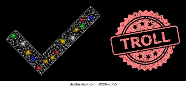 Redes de malla brillante sí garrapatas con focos de luz y sello de goma de rosetón Troll. Malla vectorial iluminada creada a partir del icono sí tick. La marca rosa contiene el título Troll dentro de rosette.