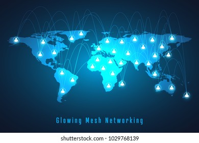 Glowing mesh networking connection. World map line as global business, composition concept. Vector Illustration.