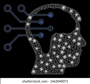 Glowing mesh neural interface circuit with sparkle effect. Abstract illuminated model of neural interface circuit icon. Shiny wire carcass polygonal mesh neural interface circuit.