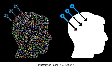 Glowing mesh neural interface connectors icon with glow effect. Abstract illuminated model of neural interface connectors. Shiny wire carcass polygonal network neural interface connectors icon.