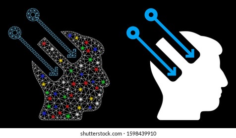Glowing mesh neural interface icon with sparkle effect. Abstract illuminated model of neural interface. Shiny wire carcass triangular mesh neural interface icon.