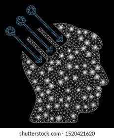 Glowing mesh neuro interface with glare effect. Abstract illuminated model of neuro interface icon. Shiny wire carcass polygonal mesh neuro interface. Vector abstraction on a black background.