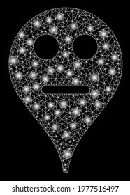 Glowing mesh neutral smiley map marker with glitter effect. Abstract illuminated model of neutral smiley map marker icon. Shiny wire frame triangular network neutral smiley map marker.
