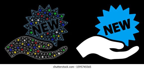 Glowing mesh new offer hand icon with glare effect. Abstract illuminated model of new offer hand. Shiny wire carcass polygonal mesh new offer hand icon. Vector abstraction on a black background.