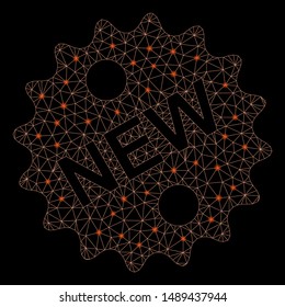 Glowing mesh new with sparkle effect. Abstract illuminated model of new icon. Shiny wire carcass triangular mesh new. Vector abstraction on a black background.