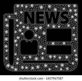 Glowing mesh news with glare effect. Abstract illuminated model of news icon. Shiny wire frame polygonal mesh news. Vector abstraction on a black background.