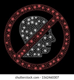Glowing mesh no angry person with glare effect. Abstract illuminated model of no angry person icon. Shiny wire carcass triangular mesh no angry person. Vector abstraction on a black background.