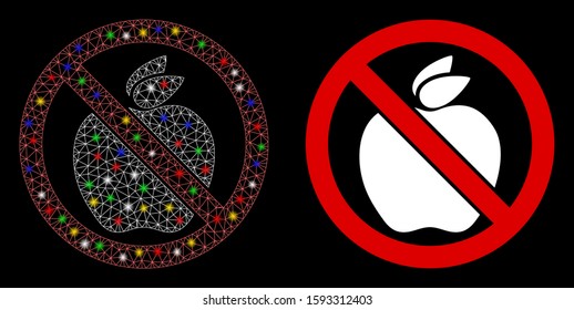 Glowing mesh no apple icon with glow effect. Abstract illuminated model of no apple. Shiny wire carcass triangular mesh no apple icon. Vector abstraction on a black background.