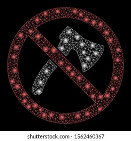 Glowing mesh no axe with sparkle effect. Abstract illuminated model of no axe icon. Shiny wire carcass polygonal mesh no axe. Vector abstraction on a black background.