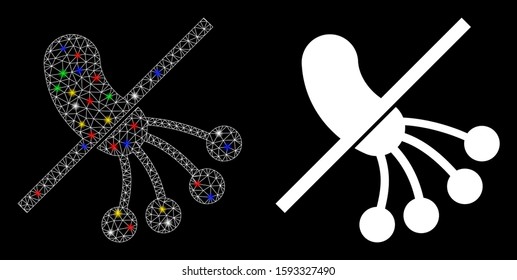 Glowing mesh no bacteria icon with lightspot effect. Abstract illuminated model of no bacteria. Shiny wire carcass triangular mesh no bacteria icon. Vector abstraction on a black background.