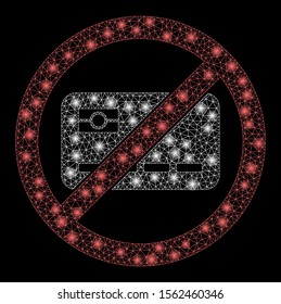 Glowing mesh no banking card with glow effect. Abstract illuminated model of no banking card icon. Shiny wire frame triangular mesh no banking card. Vector abstraction on a black background.