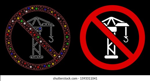 Glowing mesh no building crane icon with sparkle effect. Abstract illuminated model of no building crane. Shiny wire carcass polygonal mesh no building crane icon.
