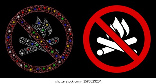 Glowing mesh no campfire icon with sparkle effect. Abstract illuminated model of no campfire. Shiny wire carcass triangular mesh no campfire icon. Vector abstraction on a black background.