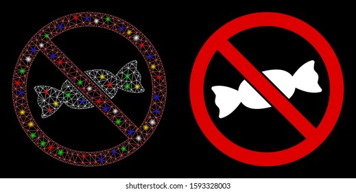 Glowing mesh no candy icon with lightspot effect. Abstract illuminated model of no candy. Shiny wire carcass polygonal mesh no candy icon. Vector abstraction on a black background.