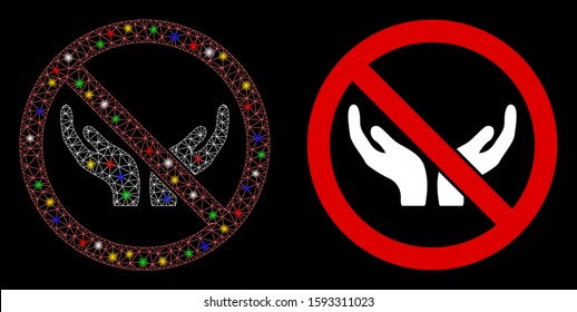 Glowing mesh no care hands icon with glow effect. Abstract illuminated model of no care hands. Shiny wire carcass polygonal mesh no care hands icon. Vector abstraction on a black background.