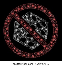 Glowing mesh no dice gambling with glitter effect. Abstract illuminated model of no dice gambling icon. Shiny wire carcass polygonal mesh no dice gambling. Vector abstraction on a black background.