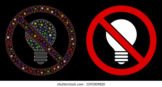 Glowing mesh no electric bulb icon with glow effect. Abstract illuminated model of no electric bulb. Shiny wire frame triangular mesh no electric bulb icon. Vector abstraction on a black background.
