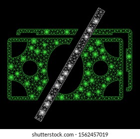 Glowing mesh no fees with glow effect. Abstract illuminated model of no fees icon. Shiny wire carcass triangular mesh no fees. Vector abstraction on a black background.