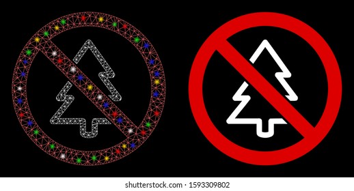 Glowing mesh no fir-tree icon with glow effect. Abstract illuminated model of no fir-tree. Shiny wire carcass triangular mesh no fir-tree icon. Vector abstraction on a black background.