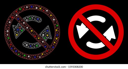 Glowing mesh no flip arrows icon with lightspot effect. Abstract illuminated model of no flip arrows. Shiny wire frame polygonal mesh no flip arrows icon. Vector abstraction on a black background.