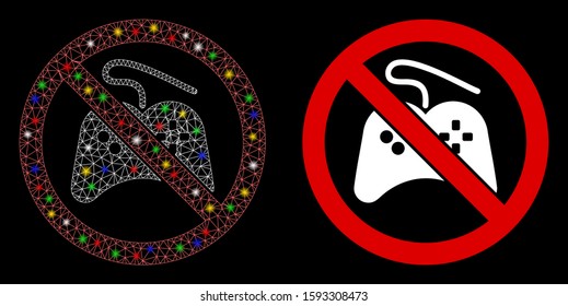 Glowing mesh no gamepad icon with glitter effect. Abstract illuminated model of no gamepad. Shiny wire carcass triangular network no gamepad icon. Vector abstraction on a black background.