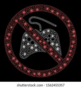 Glowing mesh no gamepad with sparkle effect. Abstract illuminated model of no gamepad icon. Shiny wire carcass triangular mesh no gamepad. Vector abstraction on a black background.