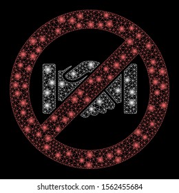 Glowing mesh no handshake with glare effect. Abstract illuminated model of no handshake icon. Shiny wire frame triangular mesh no handshake. Vector abstraction on a black background.