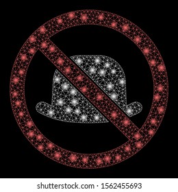 Glowing mesh no hat with sparkle effect. Abstract illuminated model of no hat icon. Shiny wire frame polygonal network no hat. Vector abstraction on a black background.
