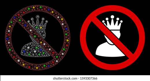 Glowing mesh no king icon with lightspot effect. Abstract illuminated model of no king. Shiny wire frame triangular mesh no king icon. Vector abstraction on a black background.