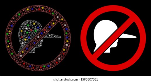 Glowing mesh no liar icon with glitter effect. Abstract illuminated model of no liar. Shiny wire frame triangular mesh no liar icon. Vector abstraction on a black background.