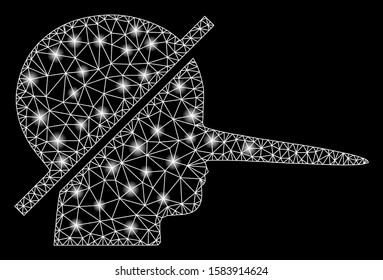 Glowing mesh no liars with glare effect. Abstract illuminated model of no liars icon. Shiny wire carcass triangular mesh no liars. Vector abstraction on a black background.